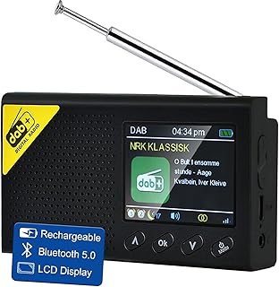 Radio Dab, Dab+ Bluetooth Portable | Batterie Rechargeable ou Alimentation par câble USB-C | 12 Heures de Lecture, Affichage LCD 2.4“, Prise Casque | Double Alarme, FM, 40+ présélections