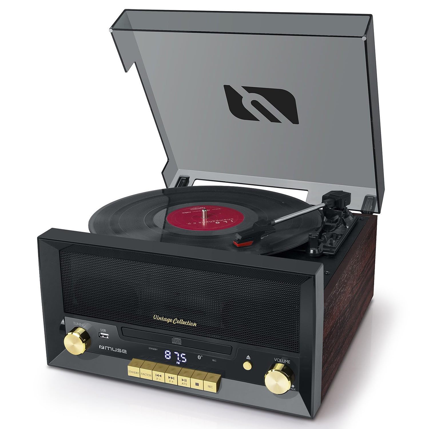 BMI Système Chaîne HiFi CD 20W Vintage avec Platine Vinyle - CD/FM/USB/AUX - 33/45/78 Tours