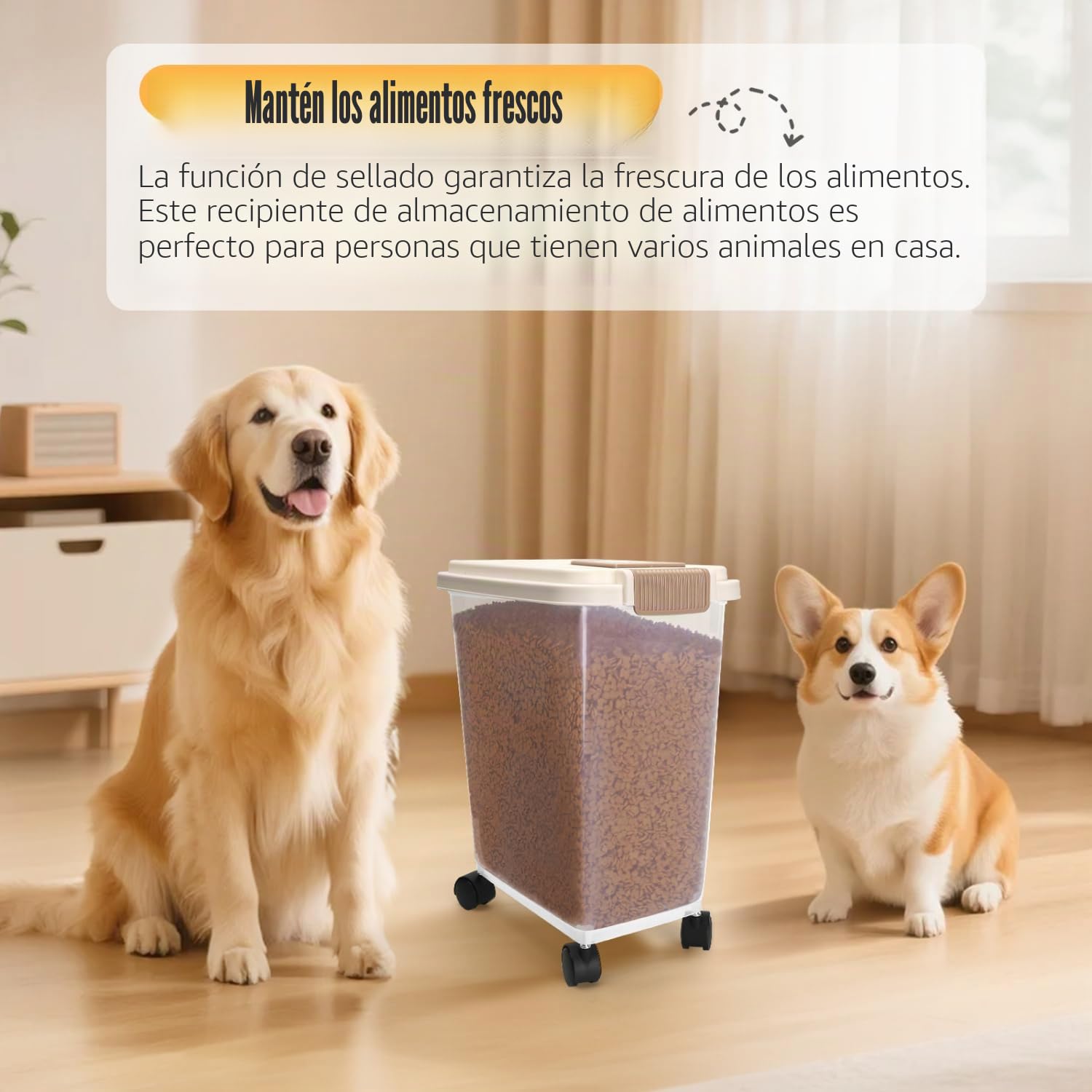 Nobleza 2* Contenedor de Pienso para Mascotas 20L, con Ruedas, Tapa Abatible, Cuchara y Marcador de Fecha, Caja Hermética Transparente para Perros y Gatos