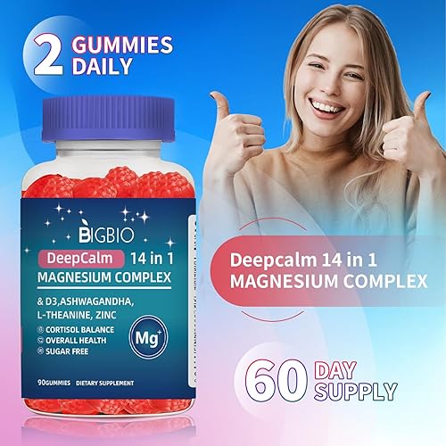 Miniatura 3 de Complejo de magnesio 14 en 1 gomitas sin azúcar, con Ashwagandha, L-teanina, D3 y zinc, suplementos de cortisol para mujeres, sabor a fresa, 90