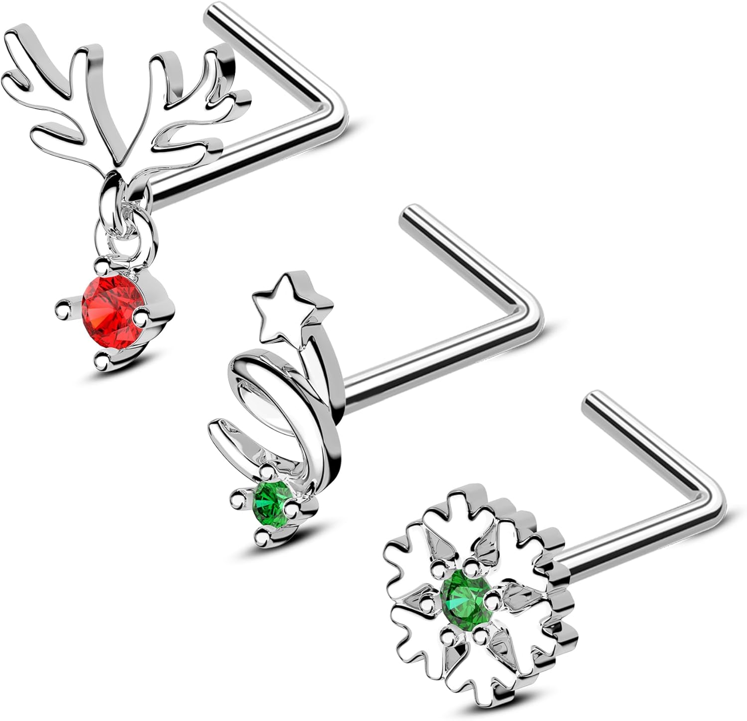 Mooncrush Jewelry 3PCS Chiristmas Nose Rings Stud 20G L