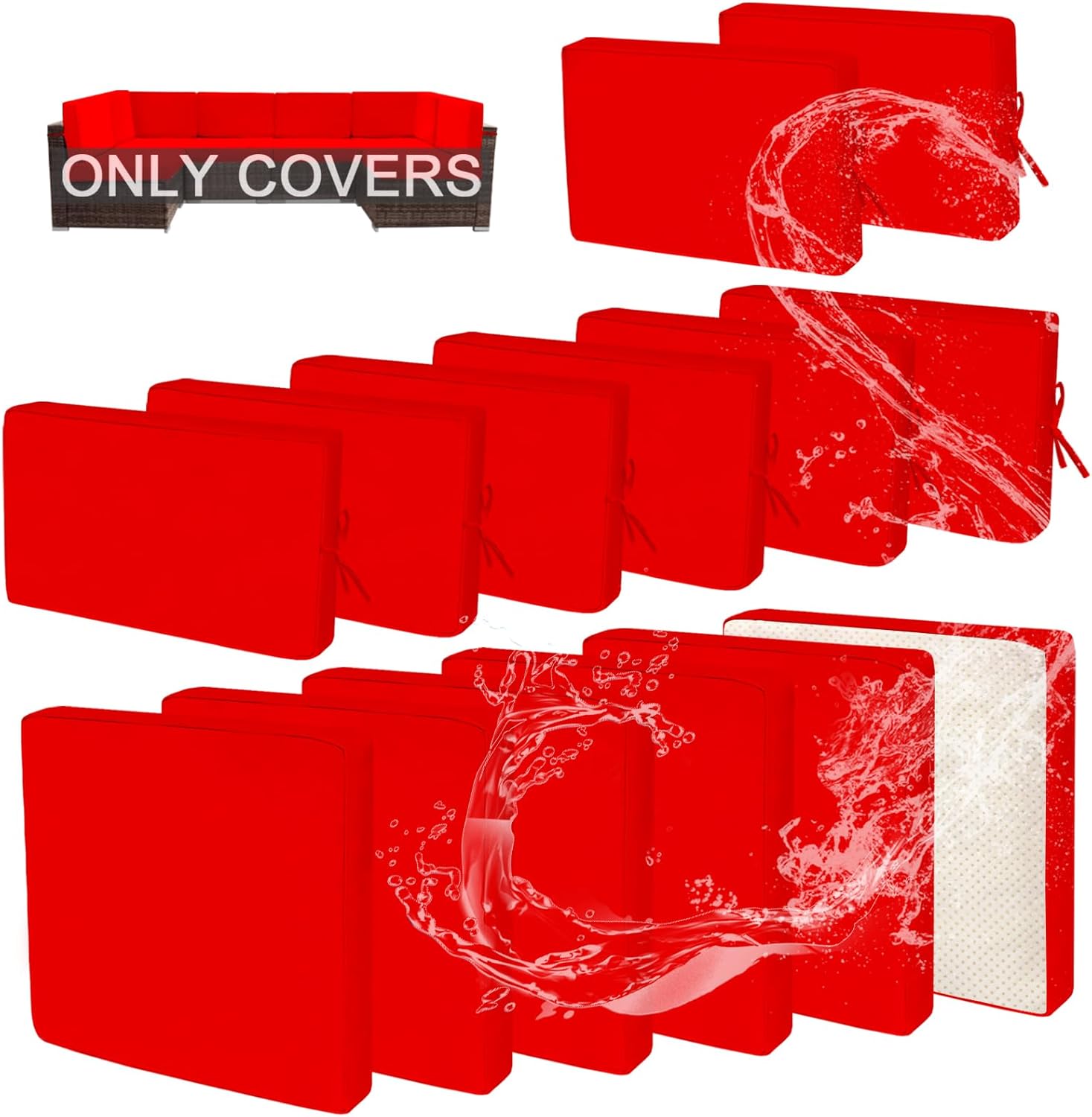 14 PCs Patio Cushion Covers for 7 PCs Outdoor Furniture Sectional Seating Sets Water Resistant Plus 2 Throw Pillows (Khaki, 24.8(L)*24.8(W)*3.14(T) inches)