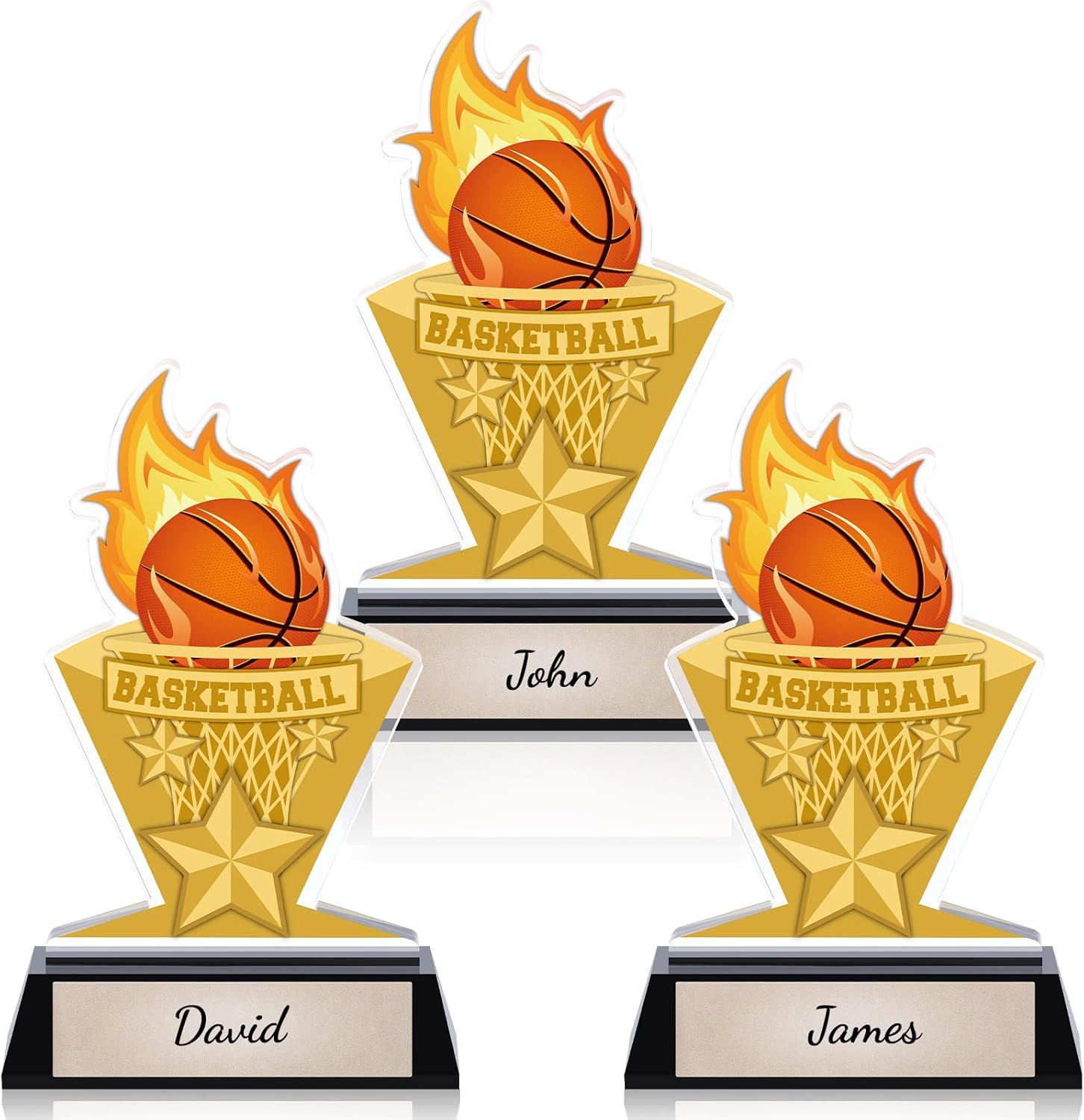 Gerrii Acrylic Trophies Awards with DIY Name Stickers Pack of 3 Champion Trophy Medals Team Reward Gift for Basketball Softball Baseball Competition Contest Tournament, 5.8/6.14/6.38inch