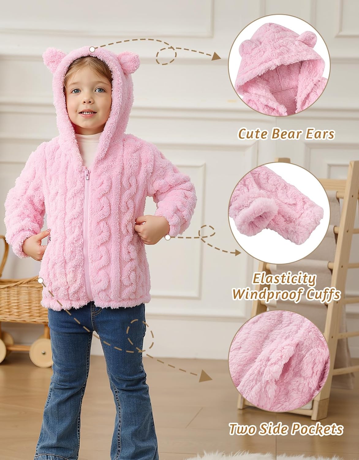 Toddler Fleece Jacket Girls Hooded Zip-up Coat Warm Winter Clothes with Pocket 2-6 Years - Image 4