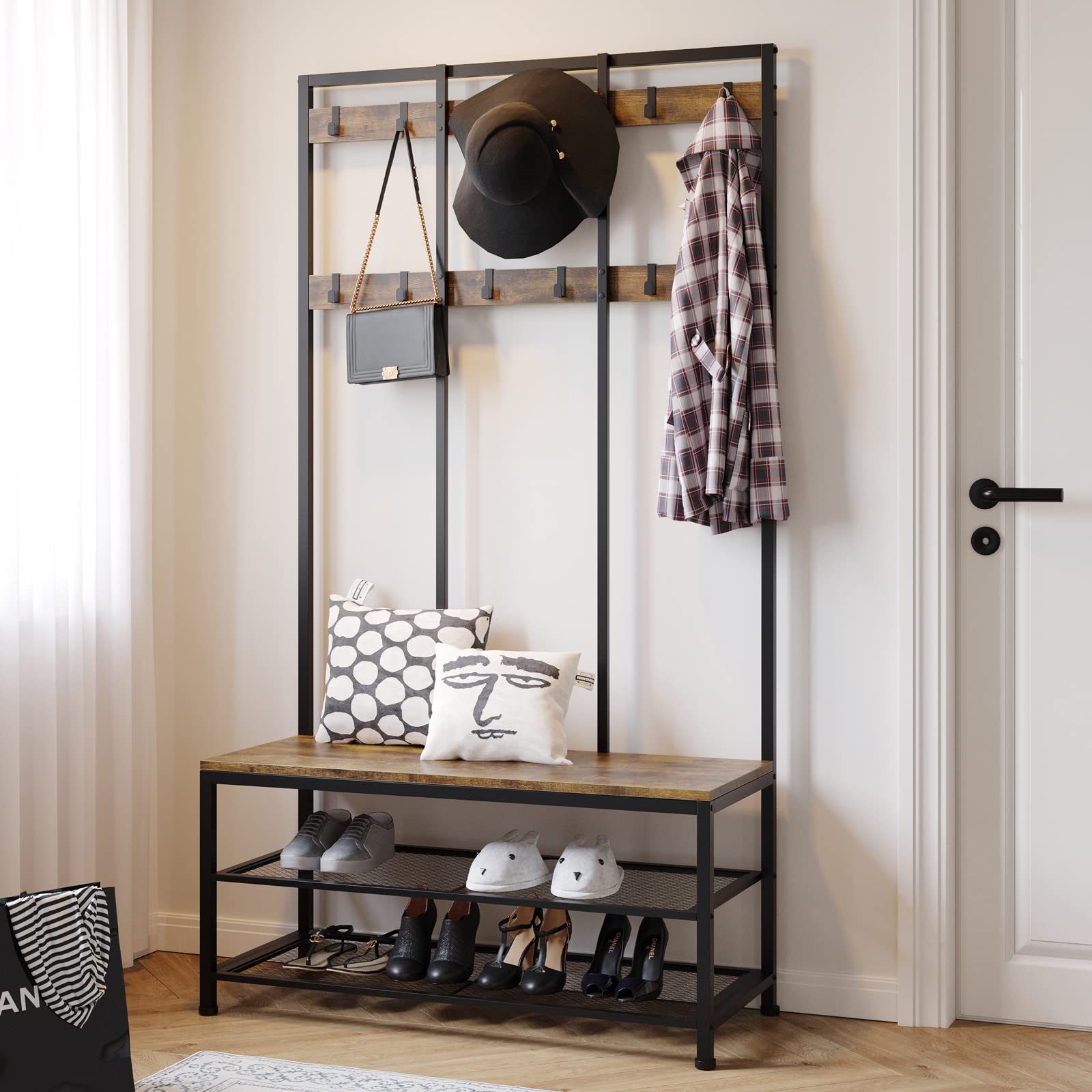 Dripex Appendiabiti con Panca Scarpiera, Appendiabiti da Terra con 12 Ganci rimovibile e Ripiani, Attaccapanni in Legno e Metallo, 100x40x182cm, Marrone Vintage e Nero