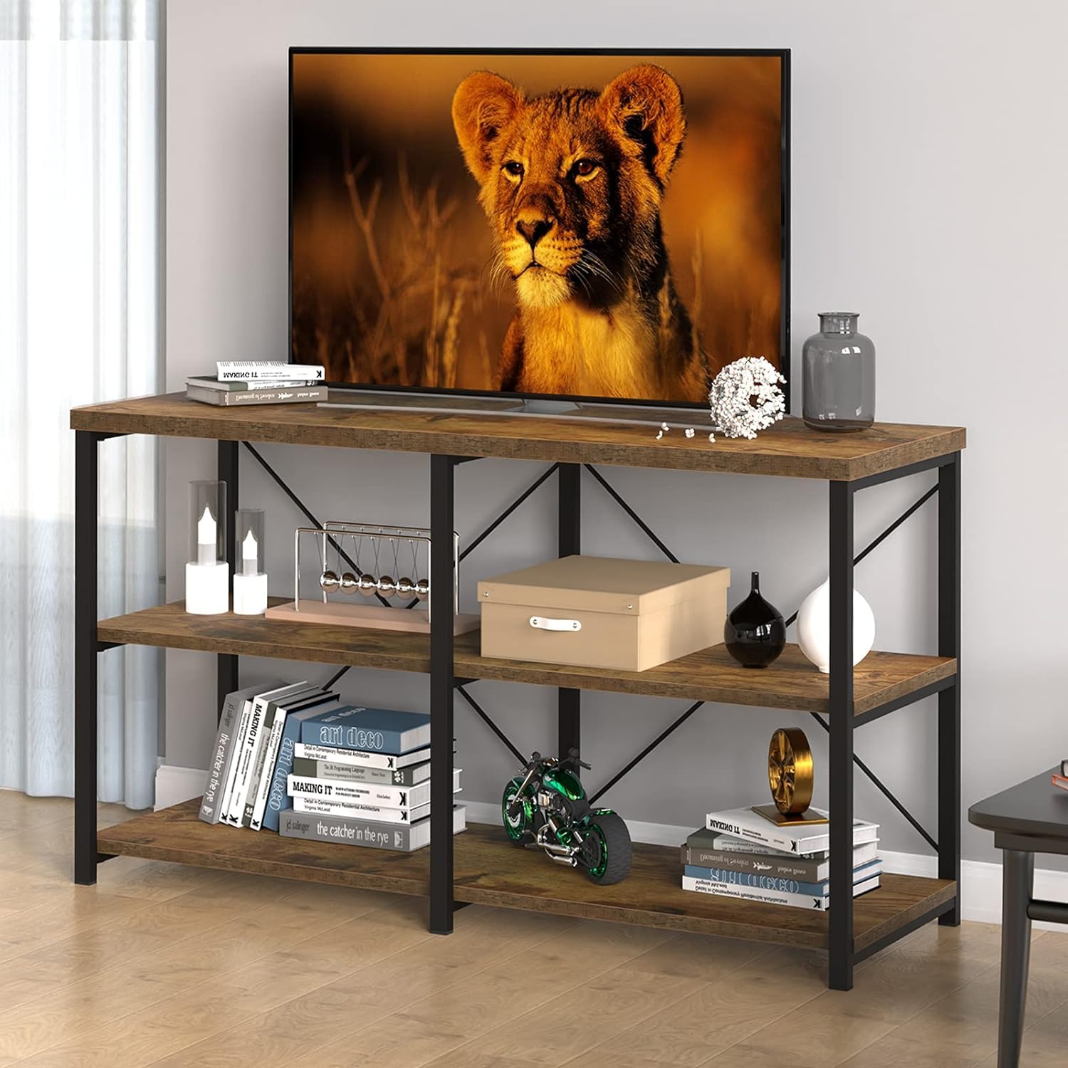 HOMISSUE Consolle Per Divano 119 Cm, Industriale Rustica In Legno E Metallo, 3 Ripiani Aperti
