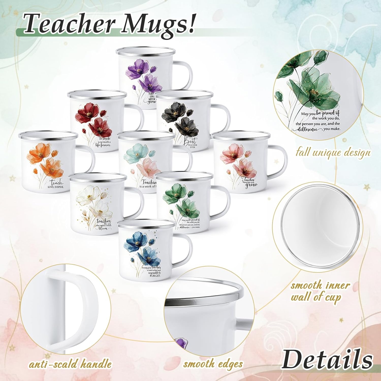 18 Pcs Teacher Appreciation Gift Bulk 12 oz Enamel Coffee Mug Teachers Thank You Gifts for Graduation Teacher Week from Students School (Flower)