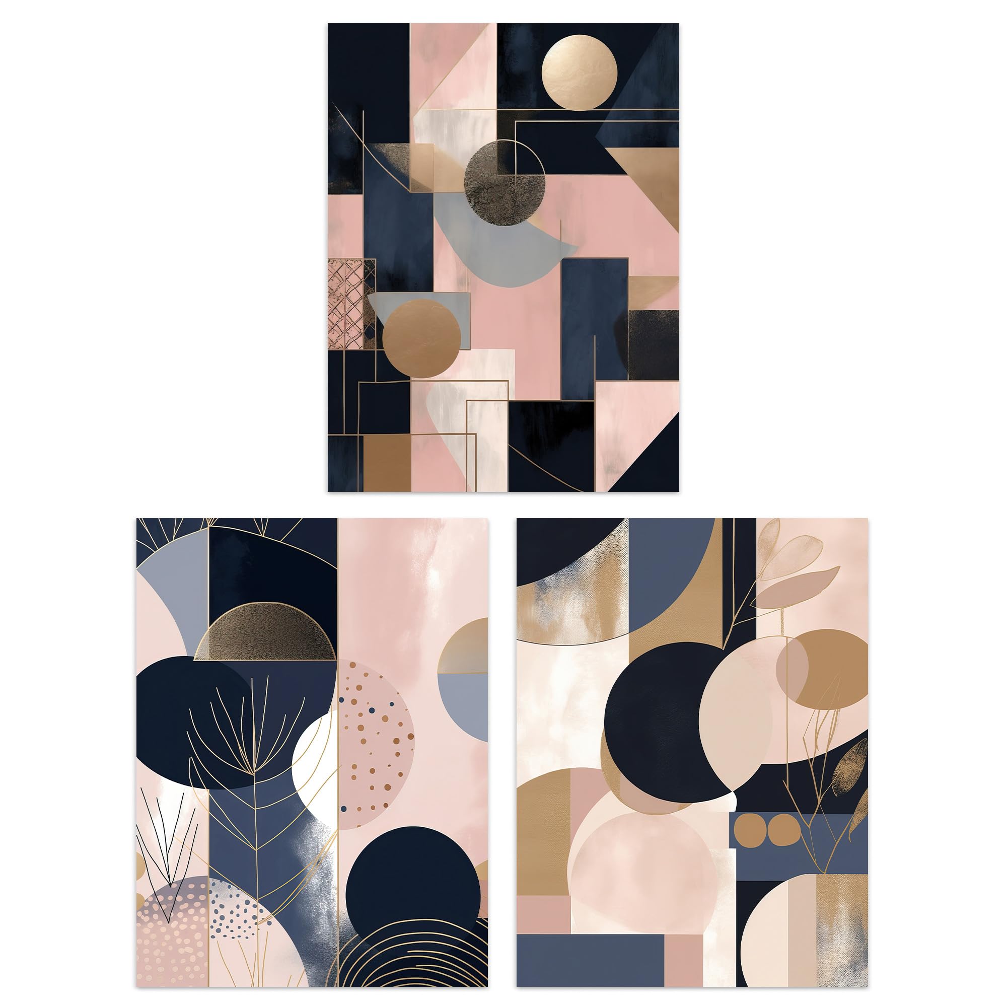 Artery8 Set of 3 Abstract Geometric Paintings Soft Pastel Pink Gold Blue Unframed Wall Art Living Room Poster Prints Pack