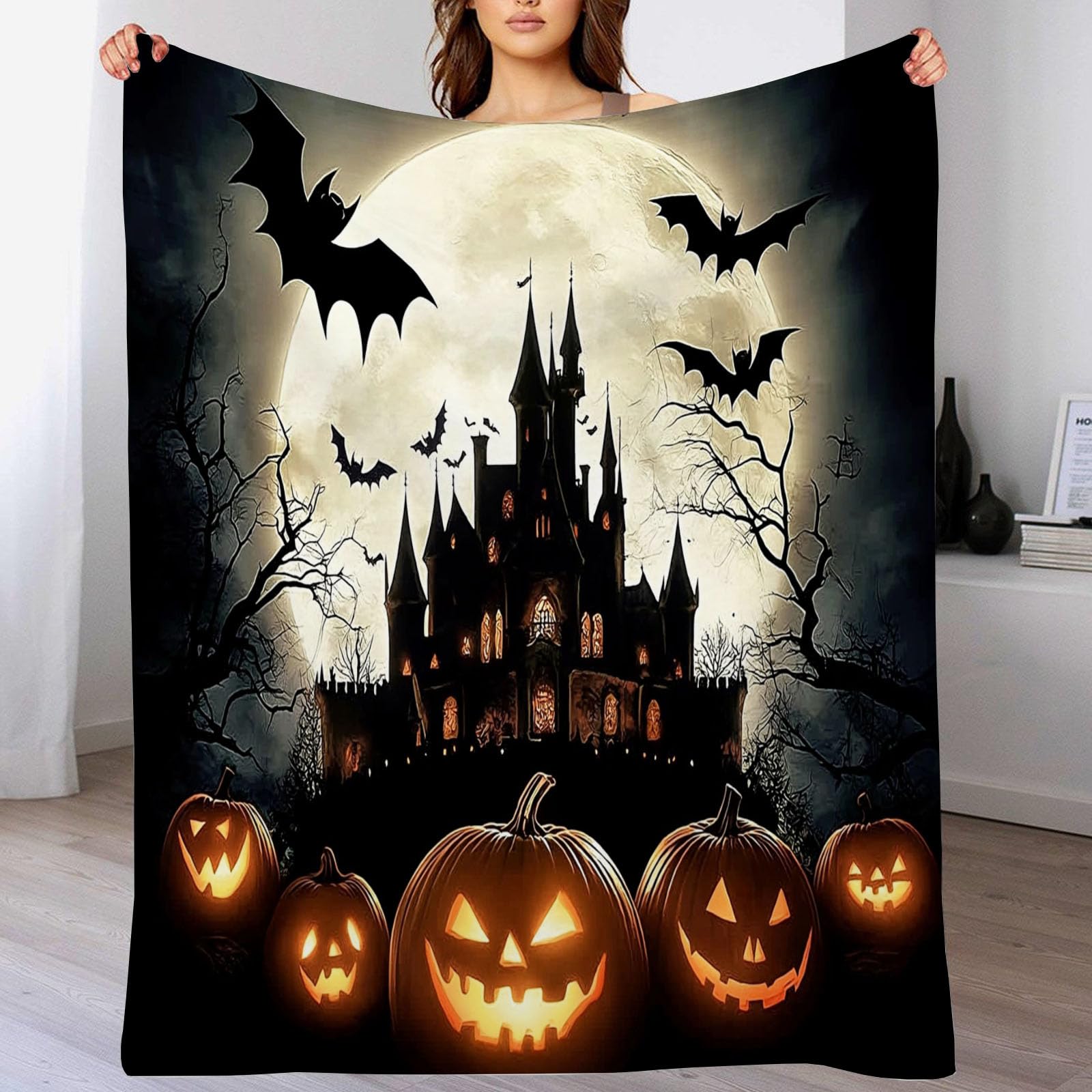 Couverture Halloween 150 x 200cm plaid decoration citrouille et chauve souris