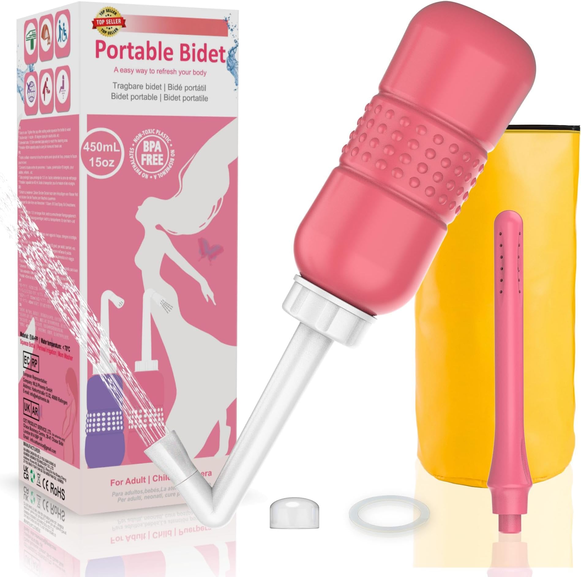 2IN1 Post-Birth Perineal Wash Bottle Portable Bidet 2Nozzle Intimate Wash for Women Perineal Bottle,Handheld Bidet Personal Bidet Travel Bidet with Short Nozzle+Long Nozzle,Water Seal Cap Storage Bag