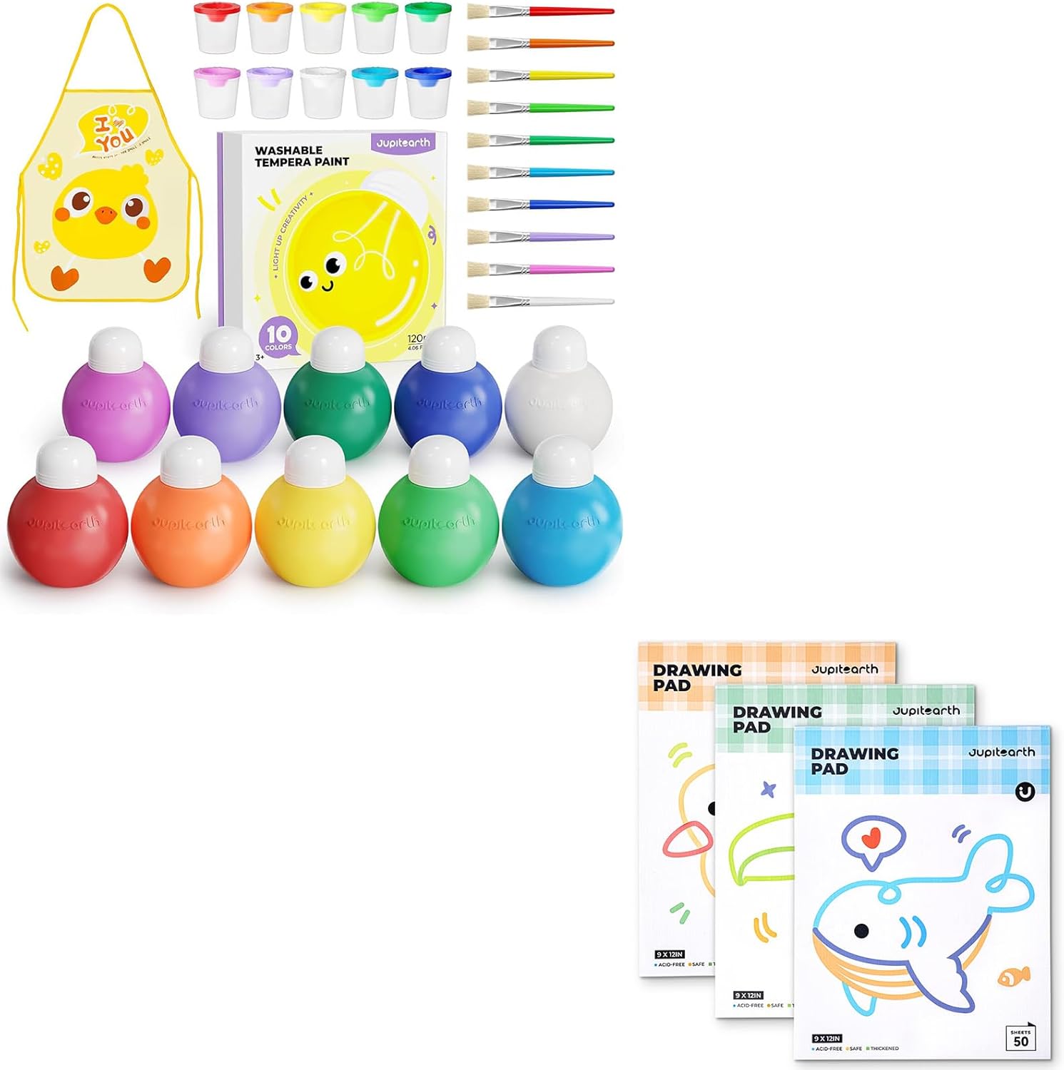 JUPITEARTH 10 Colors Washable Tempera Paint for Kids + Sketch Pads 3-Pack 50 Sheets 9x12 Inch Drawing Pad