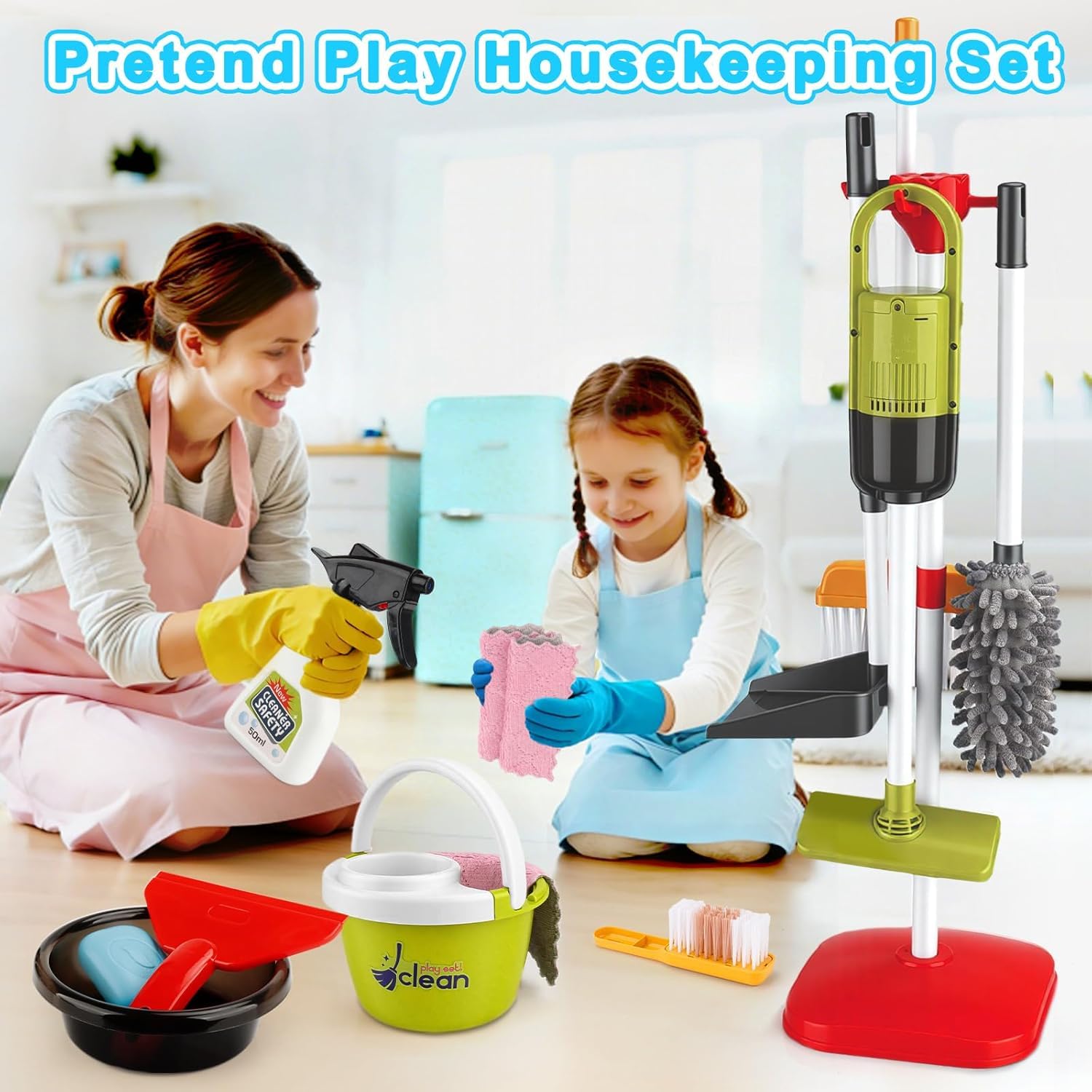 TOSUTO Aspirateur Enfant Qui Aspire Vraiment avec Fonction d'aspiration et sonore,14 Pièces Kit Menage Enfant,kit de Nettoyage,Jouet pour Enfants à partir de 3 Ans (Vert) - 2