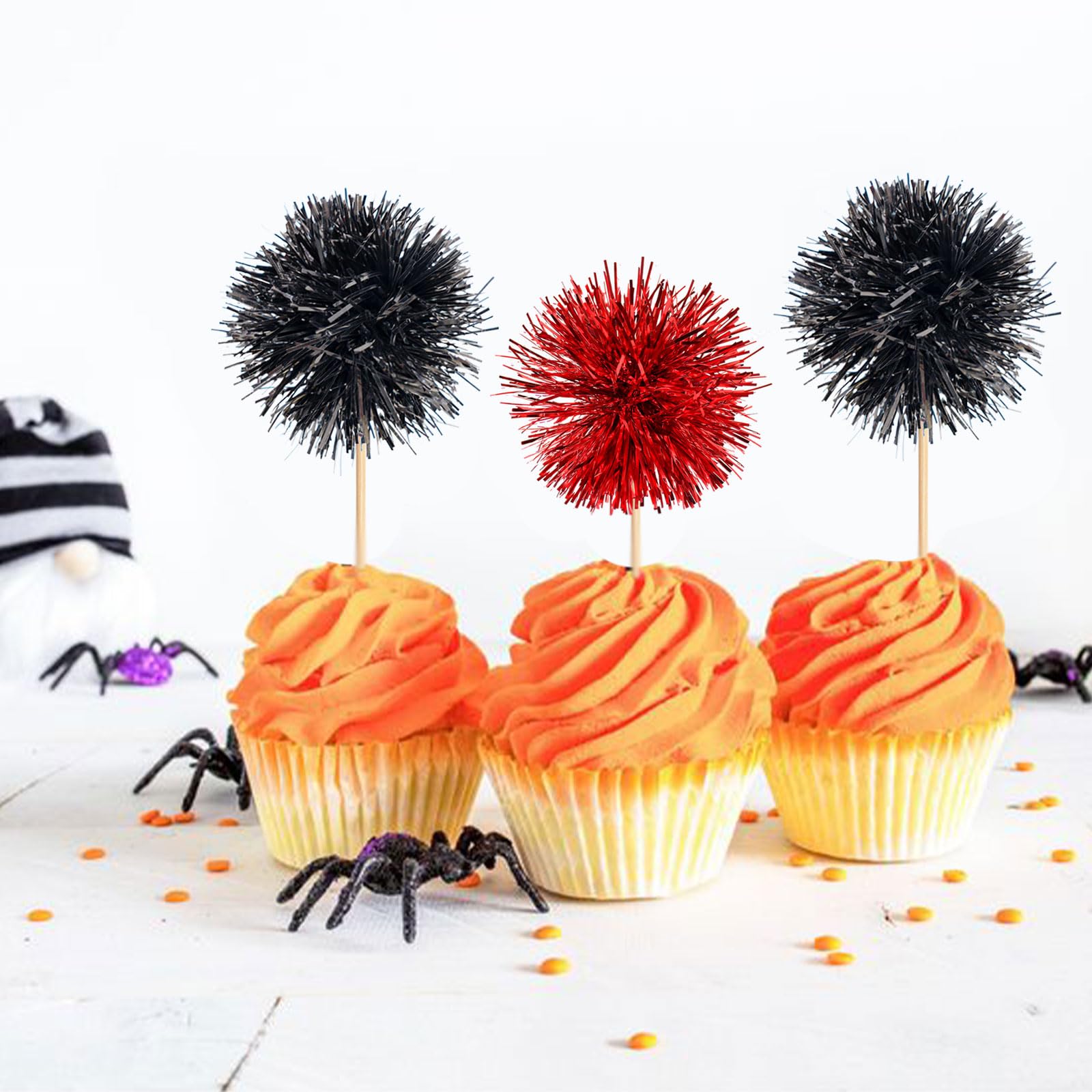 20 Pack Foil Firework Cupcake Toppers Drink Stirrers Party Birthday Cake Toppers Supplies Sparkle Tinsel Cocktail Fruit Toothpick for Birthday Wedding Graduation Party black+red