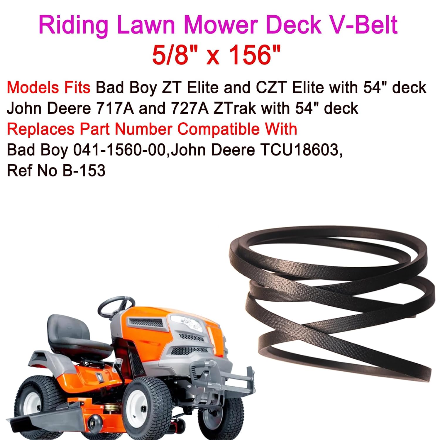 041-1560-00 Riding Lawn Mower Deck V-Belt 5/8" x 156"Compatible with Bad Boy 041165000 Outlaw ZT2700 CZT PUP Lightning, Scag 484197 Replace 106884