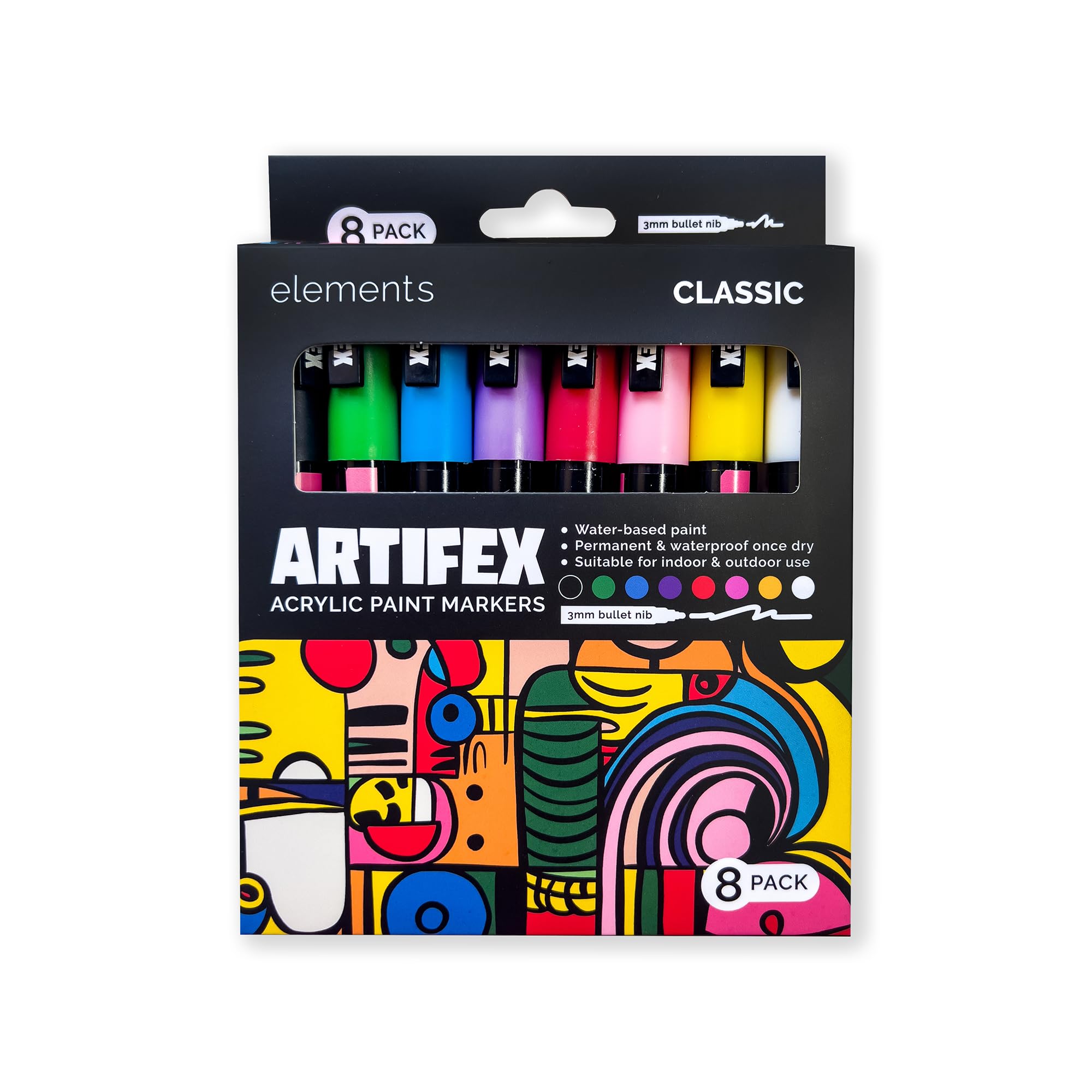 Elements Artifex Acrylic Paint Markers Set – 8 Classic Colours with 2–3 mm Bullet Nibs, Water-Based Fast-Dry Ink for Craft Projects