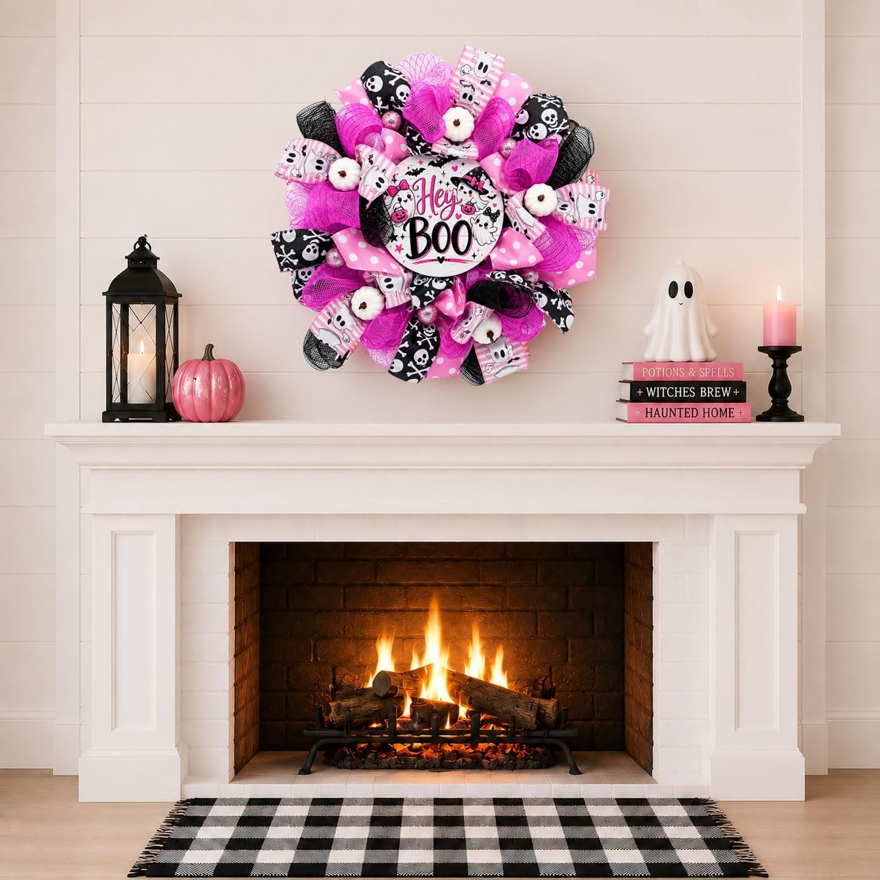 Pink Halloween Wreath Decor, Ghost Wreaths for Front Door