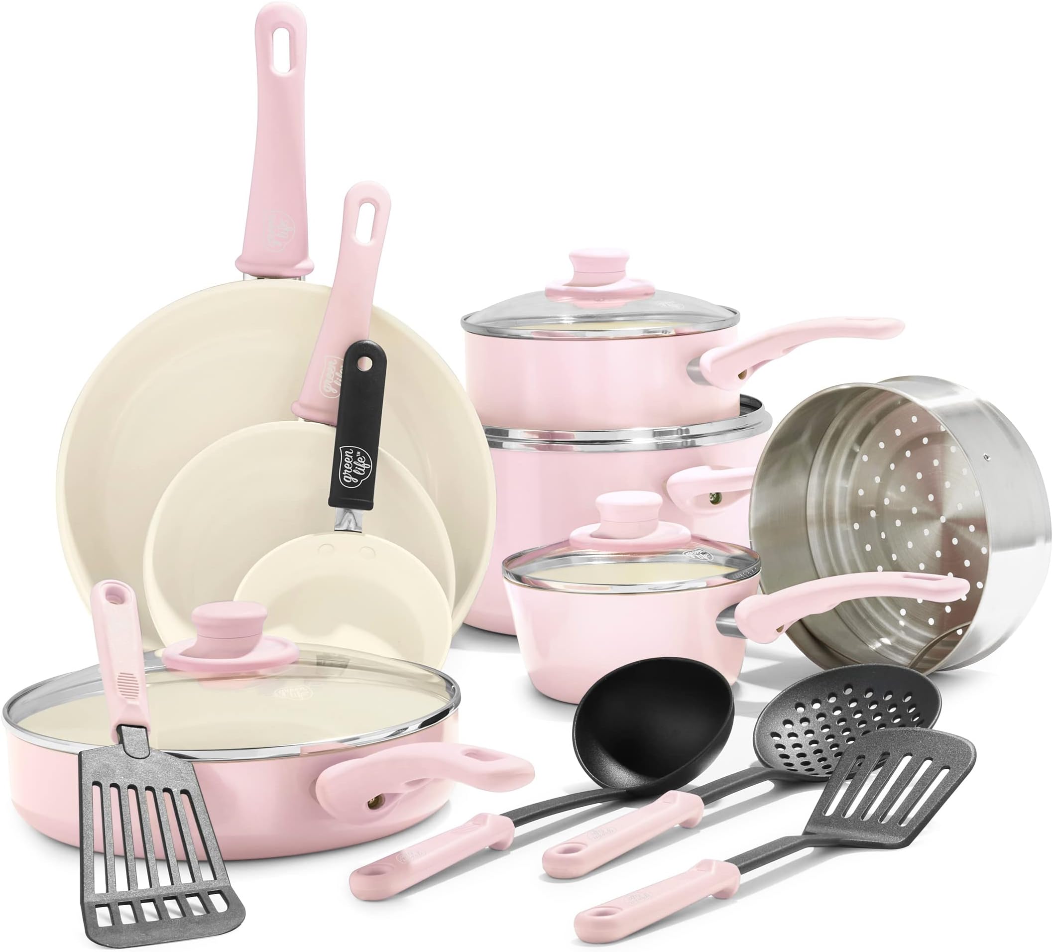 16 Piece Nonstick Cookware Set, Soft Grip Non-Toxic PFAS-Free Ceramic Pots & Pans, Dishwasher & Oven Safe, Frying, Sauce, Saute, Utensils, Glass Lids, Stay-Cool Handles, Wobble Free, Pink