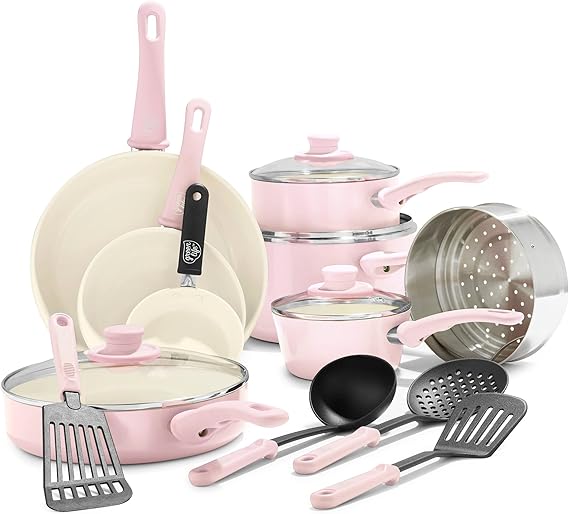 GreenLife 16 Piece Nonstick Cookware Set, Soft Grip Non-Toxic PFAS-Free Ceramic Pots & Pans, Dishwasher & Oven Safe, Frying, Sauce, Saute, Utensils, Glass Lids, Stay-Cool Handles, Wobble Free, Pink