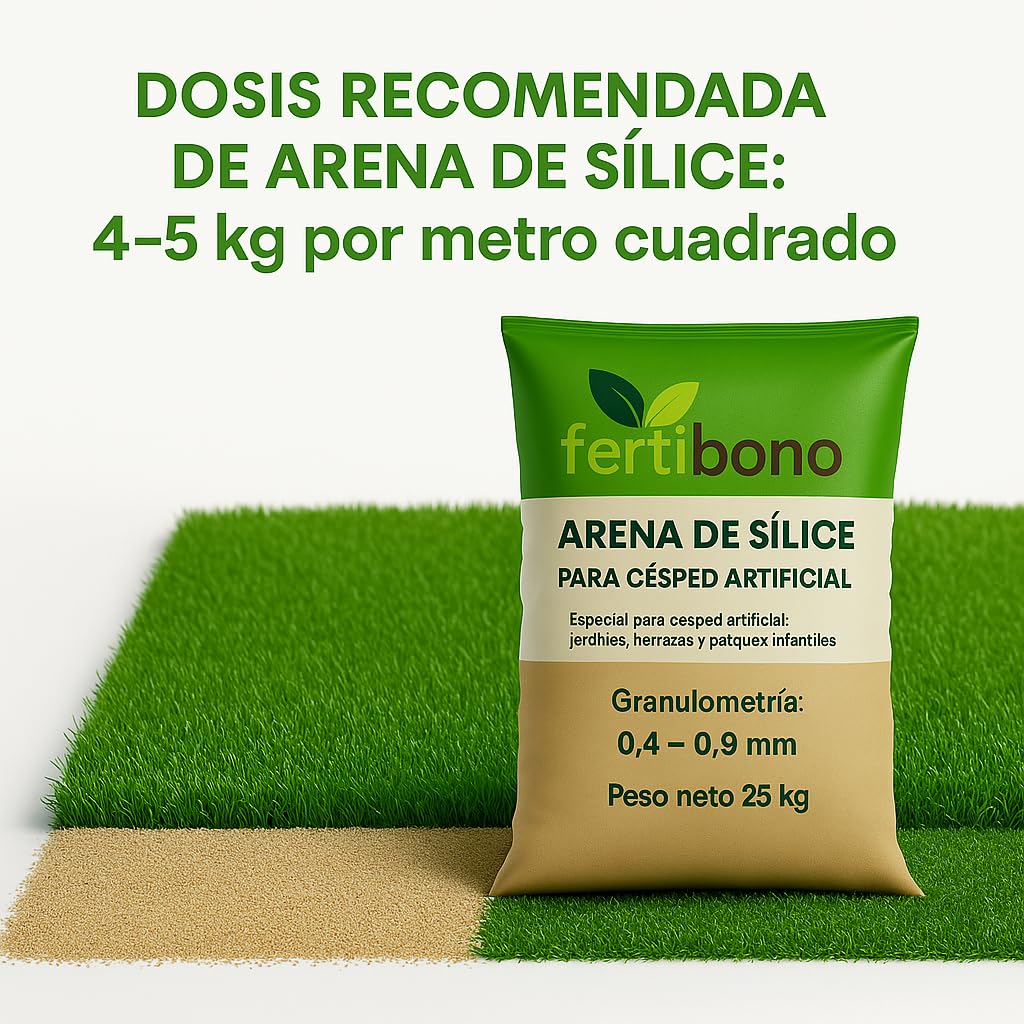 FERTIBONO Arena de Sílice para Césped Artificial 25 kg – Evita Césped Aplastado y Calor Sofocante – Alta Pureza 98,5% – Seca, Lavada y de Granulometría Controlada – Uso Residencial y Deportivo