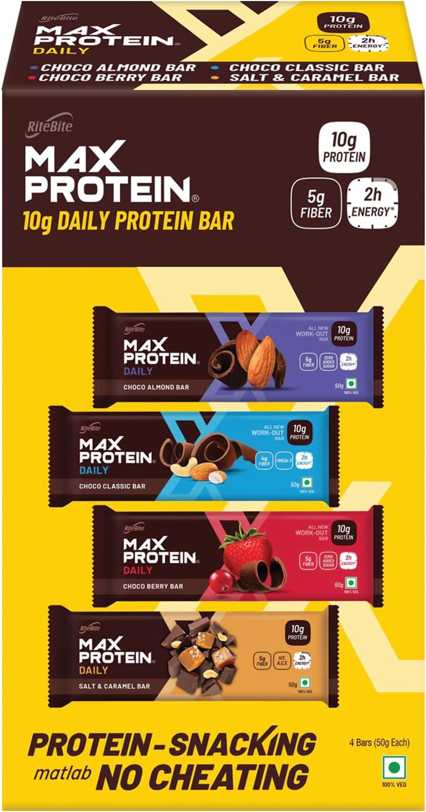 RiteBite Max Protein Daily Assorted (Choco Almond Bar,Choco Classic Bar,Choco Berry Bar,Salt & Caramel Bar),10G Protein,5G Fiber,21 Vit & Minerals|0 Added Sugar & Trans Fat,50 Gram(Pack Of 4)