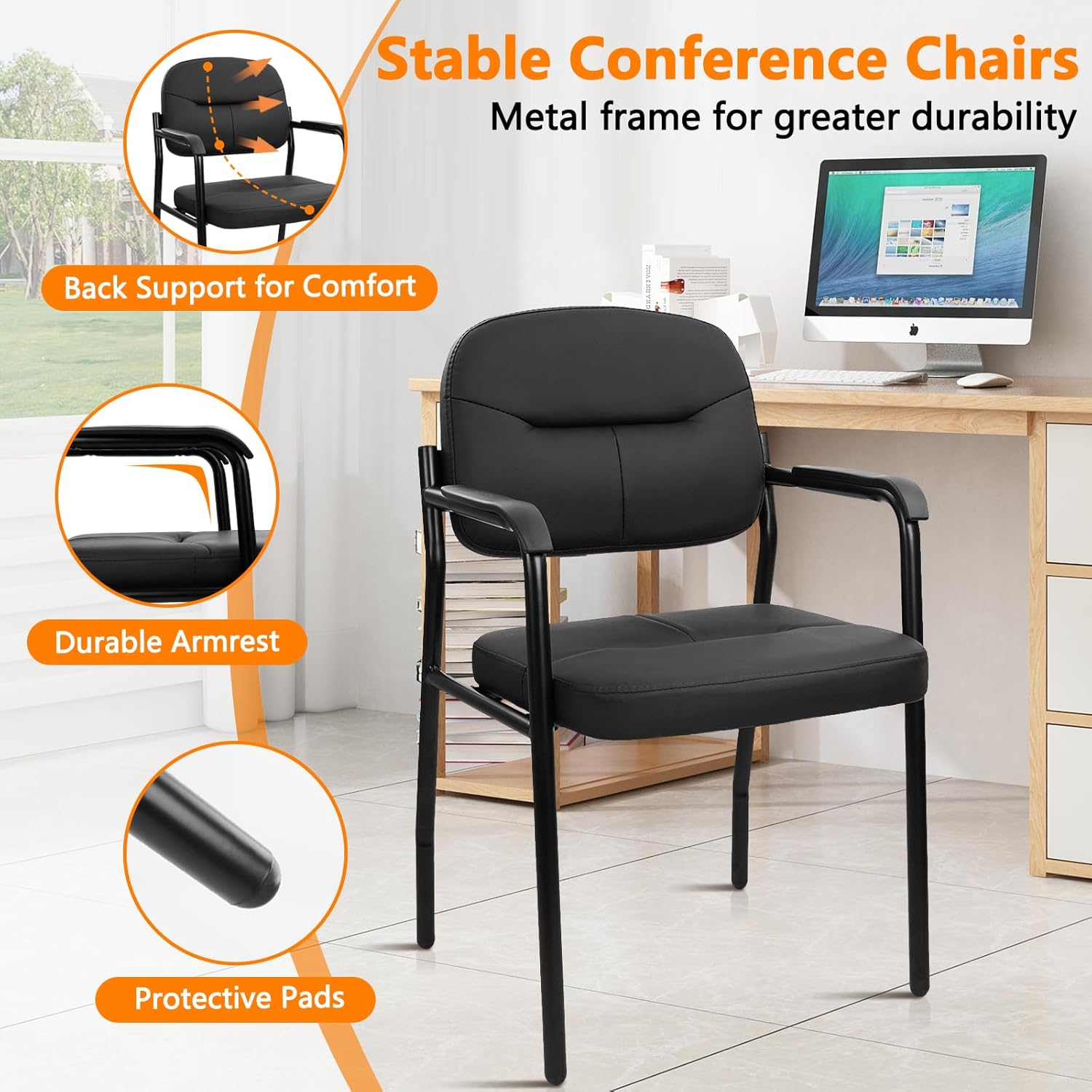 CLATINA Guest Reception Chair, Leather Office Waiting Room Chair with Arms and Padded Seat, Stationary Desk Chair No Wheels for Lobby Conference Room Home Study Medical Clinic, Black, 2pk