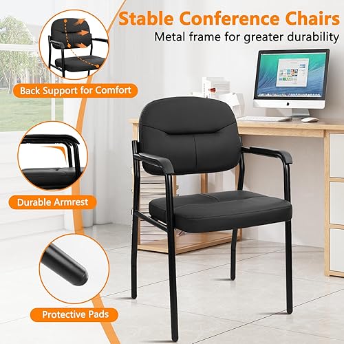 Miniatura 4 de CLATINA Leathert - Juego de 4 sillas de recepción sin ruedas, sillas de invitados de oficina con reposabrazos acolchados y soporte de madera, silla