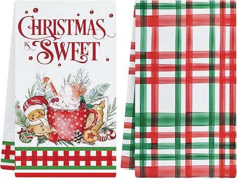 Christmas Kitchen Towels Dish Towels Set of 2, 18x26 Inch Red Green Buffalo Plaid Xmas Sweet Trees Seasonal Hand Towel for Cooking Decoration