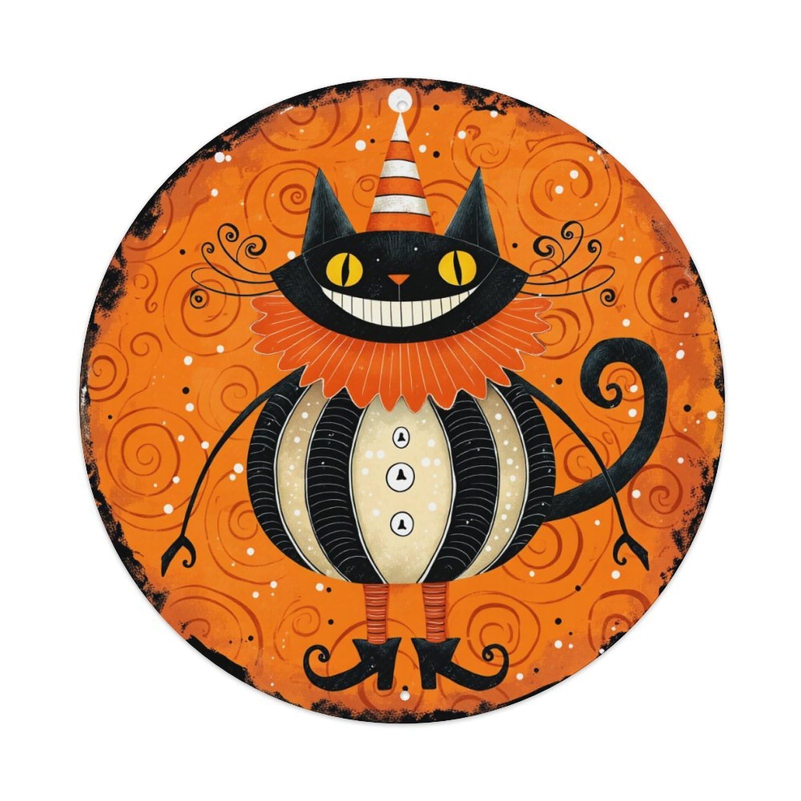 Whimsical Cat With Cone Hat Round Tin Sign Retro Metal Sign for Cafe Bar Pub Home Game Room Gym Club Wall Decoration Vintage Metal Poster 8x8 Inch