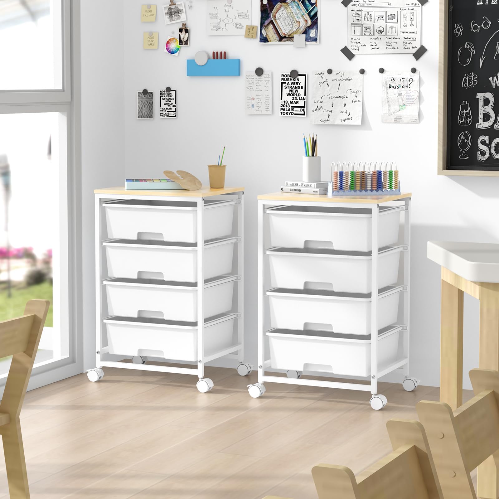 SYKIARIOL Carrello portaoggetti a 4 cassetti su ruote con piano tavolo in legno, per cucina, soggiorno, camera da letto, movimento semplice, grande capacità, 4 cassetti, bianco