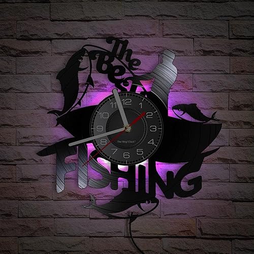 Timethink Reloj de pared de pesca de 12 pulgadas, 7 tipos de color LED, moderno reloj de pared analógico decorativo con disco de vinilo analógico de