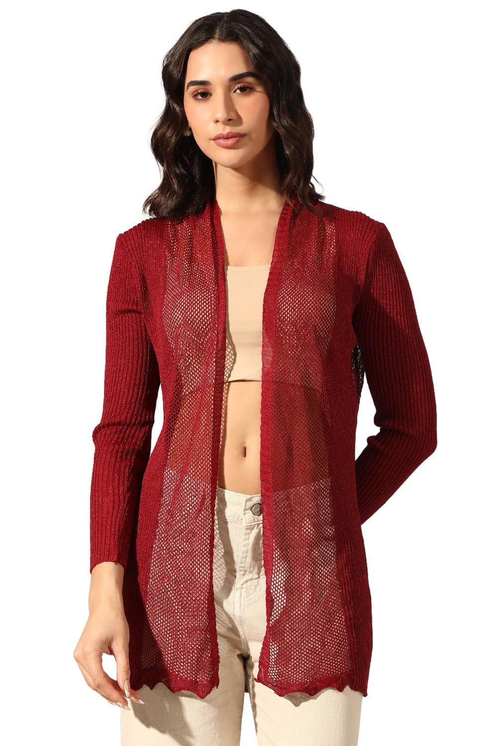 showoffff Basic Women's Knitted Red Sheer Open Front Long Sleeve Shrug-CHN-1509_Red-P-picture-10
