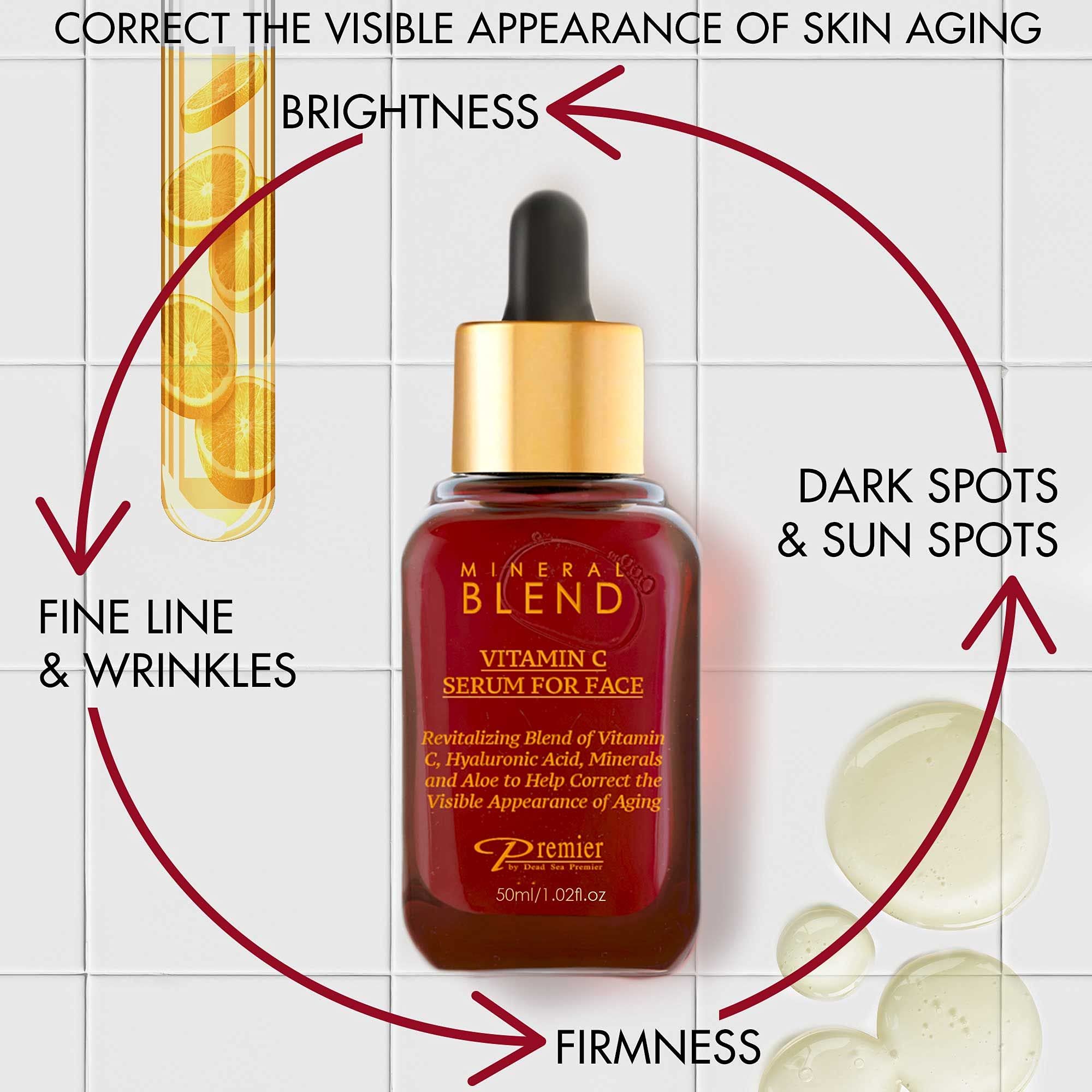 Vitamin C Facial Serum with Hyaluronic Acid & Rose Hips Oil – Cosmetic Face Serum, Mineral Blend by Premier Dead Sea, 1.7 fl oz
