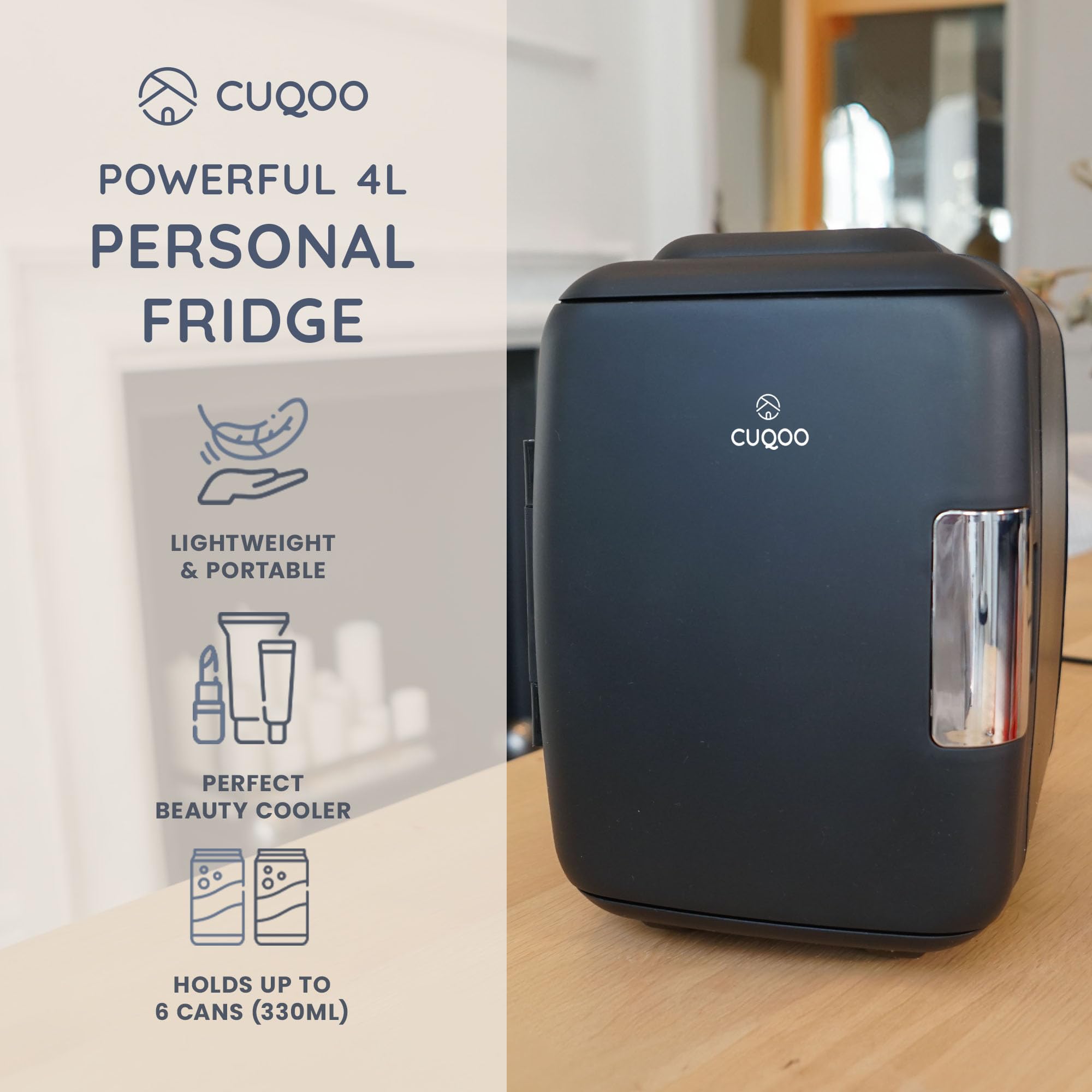 CUQOO Mini Fridge 4 Litre Quiet AC/DC Portable Cooler & Warmer for Drinks, Skincare & Food, Compact Tabletop Design, for Bedrooms, Home, Caravans, Cars, Thoughtful Gift Idea — view 2