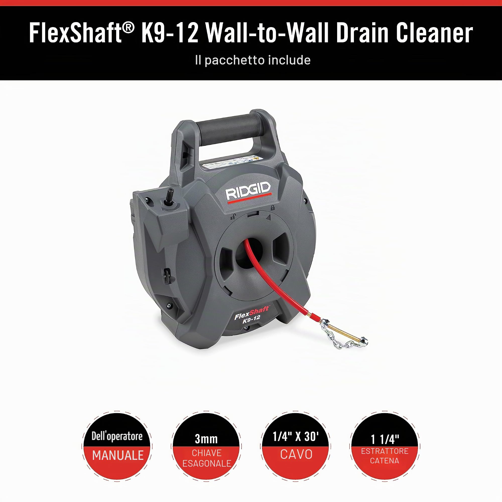 FlexShaft - Pulitore per scarico da parete a parete, 1/4" x 9 m, pulisce tubi da 1-1/4" a 2" fino a 2"