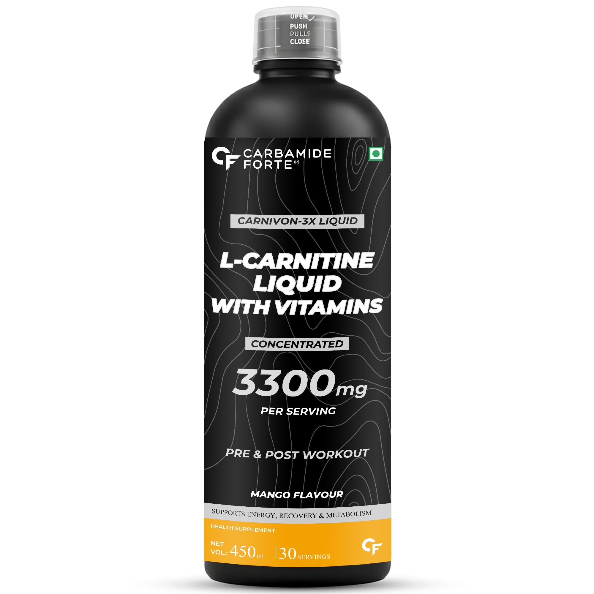 Carbamide Forte L Carnitine Liquid 3300mg | L-Carnitine Liquid With Vitamins | L'Carnitine Supplement For Pre & Post Workout To Suppoer Energy, Recovery & Metobolism | Mango Flavor - 450ml