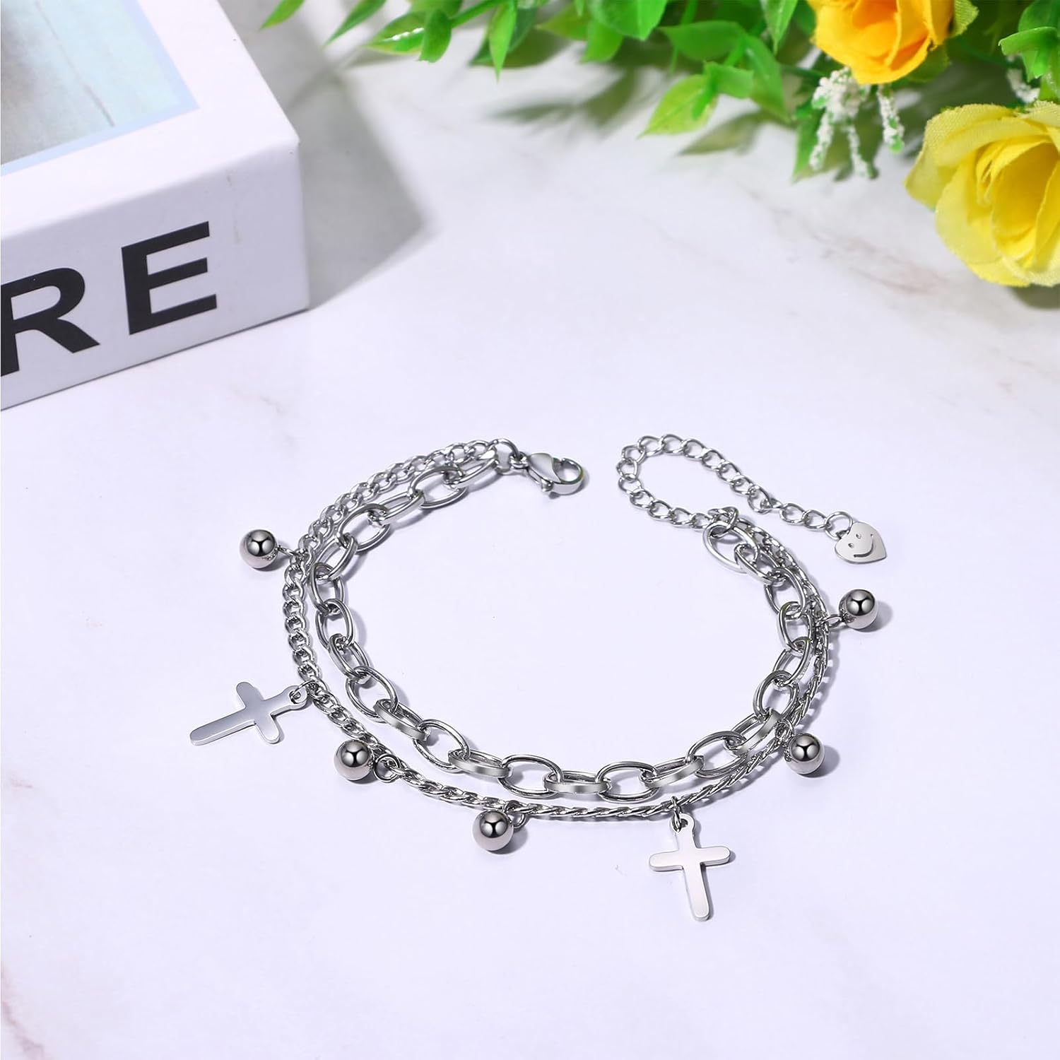 Saint Benedict Cross Bracelet for Women, Silver Stainless Steel Adjustable Layered Link Paperclip Bracelets Jewelry Gifts - Image 5