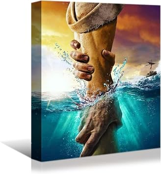 YONICA Jesus wall art The Hand of God Jesus Reaching Into Water Christ Religion Canvas Wall Decor Blue Ocean Bible Pictures for Living Room Bedroom Church Decorations Ready to Hang 36"x46"90x120cm