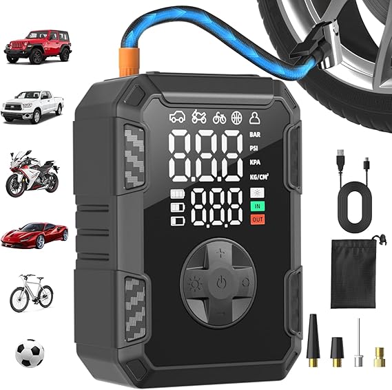 Oasser Mini Compressore Aria Portatile,Schermo LCD Doppio 150PSI (10,3Bar) Gonfia Ruote Cilindro 19mm con Torcia LED Type-C USB Ricaricabile, Dotato di Tubo Flessibile da 30 cm e Borsa di Stoccaggio