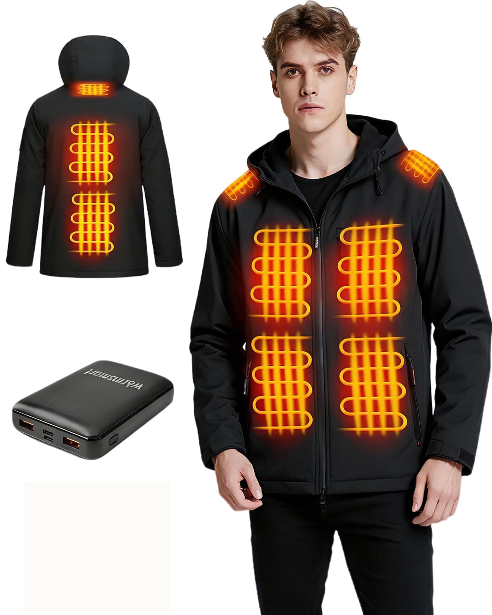 Herren Beheizbare Jacke, Beheizbarer Hoodie mit Akku, Wasserdicht Winddicht warm Beheizte Jacken für Outdoor Wandern Jagd Motorrad
