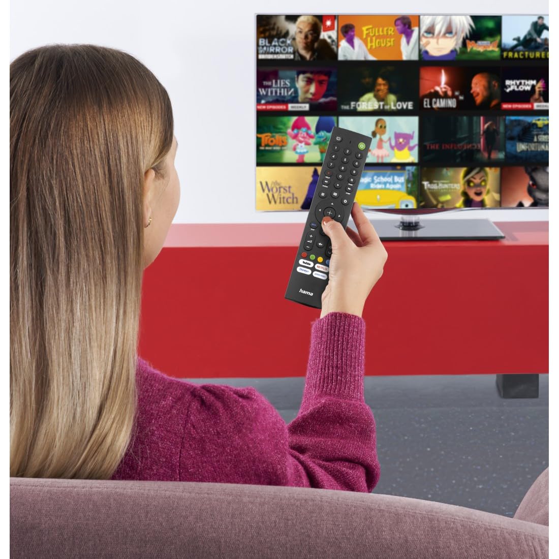 Hama uniwersalny pilot do telewizorów Sony (podczerwień, tryb uczenia się, przycisk aplikacji VOD, tryb dla seniora, ergonomiczne przyciski, zasięg 10 m, 2x baterie AAA w zestawie)