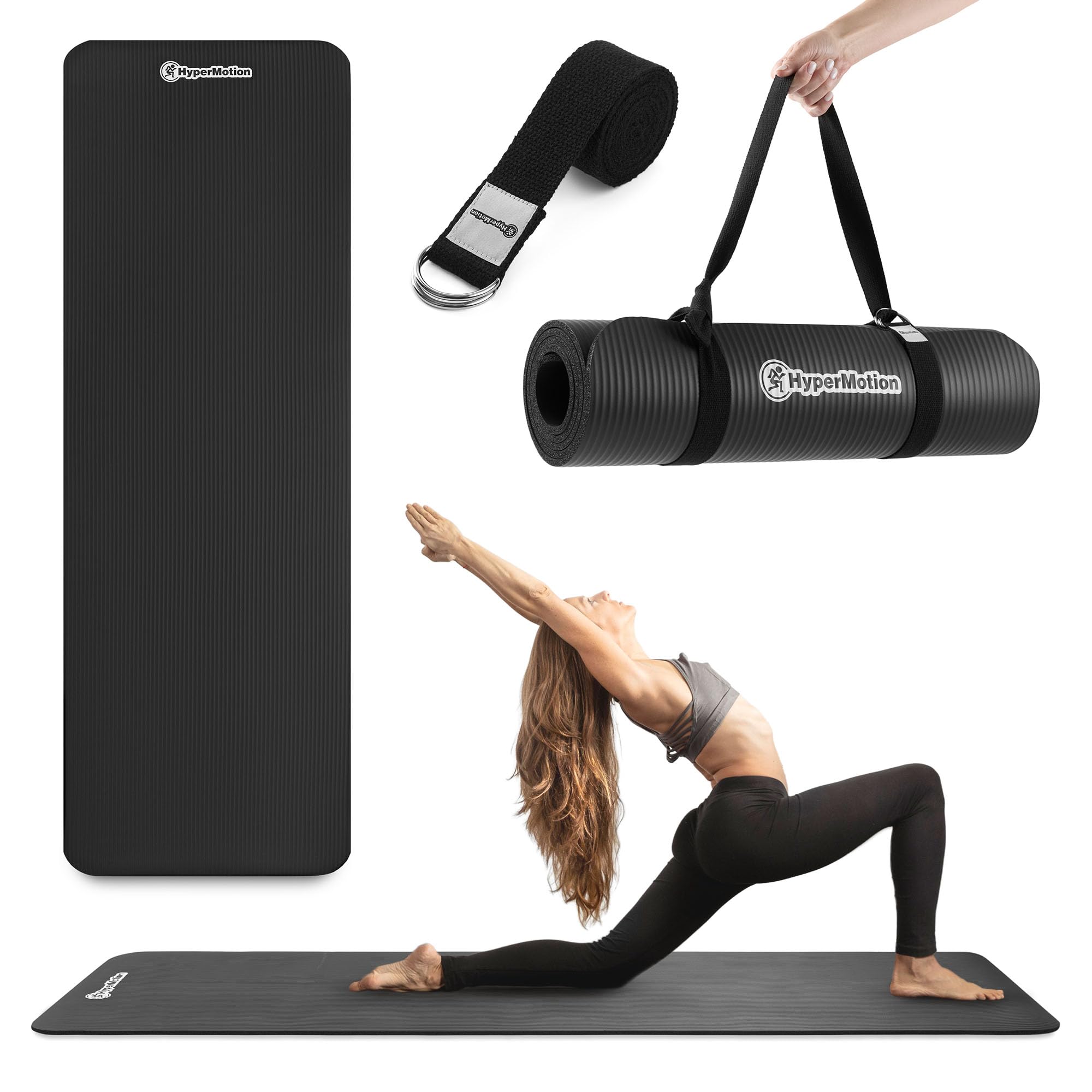 HyperMotion Mata do Ćwiczeń Fitness i Jogi NBR 183x61x0,8 cm Czarna, Antypoślizgowa, 8 mm, z Paskiem do Ćwiczeń i Przenoszenia, do Jogi, Pilatesu i Stretchingu