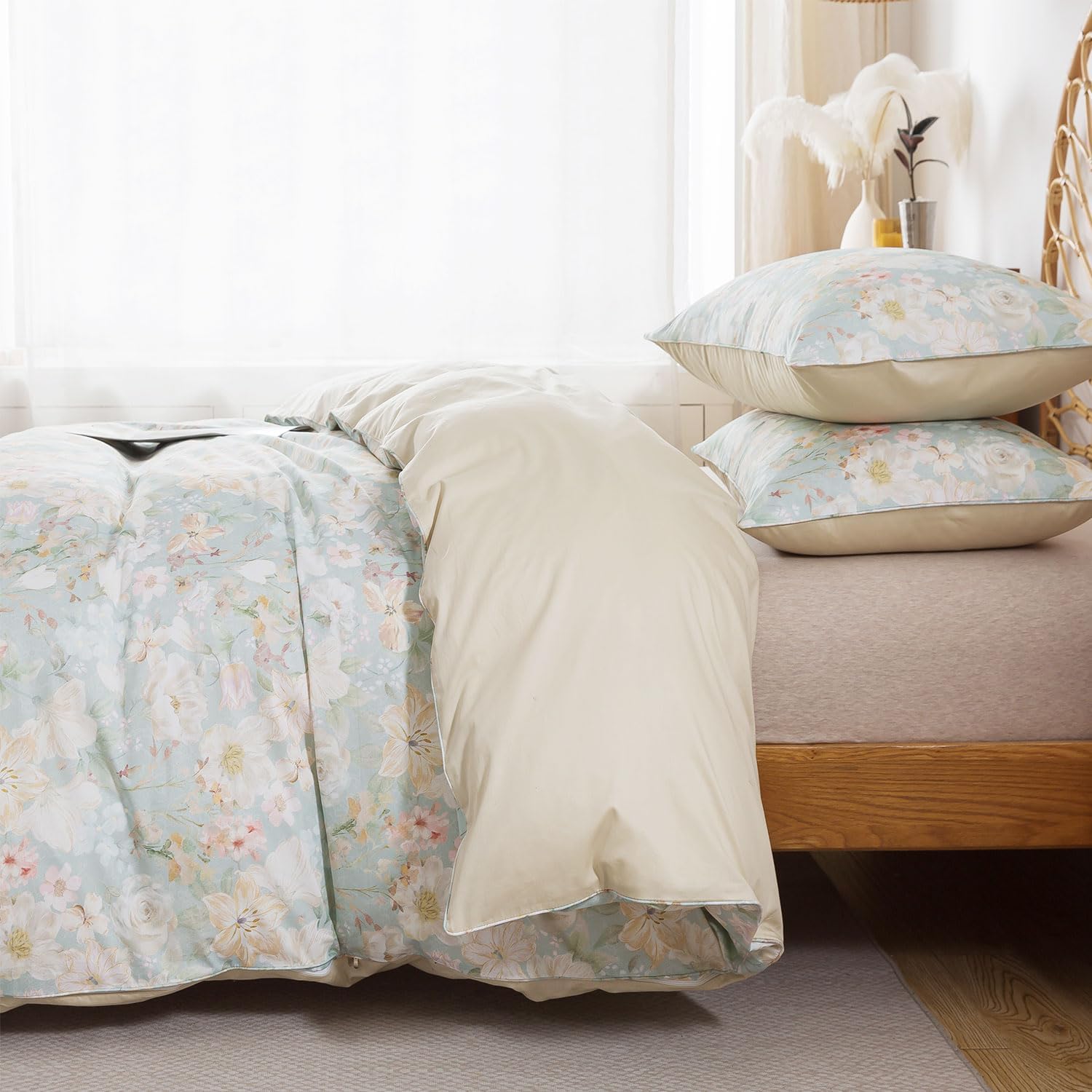 FADFAY Queen Sheets Set with Duvet Cover Set 7Pcs Percale Cotton Deep Pocket Fitted Sheet, Bed in a Bag(1 Duvet Cover, 1 Deep Pocekt Fitted Sheet, 1 Flat Sheet + 4 Pillowcase)