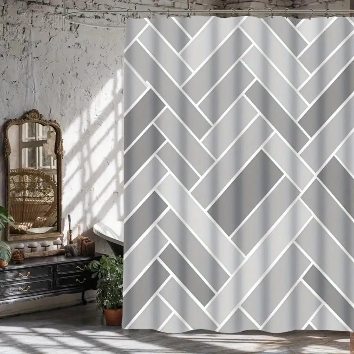 Minimalist Geometric Shower Curtain Set, Gray Modern Style Bathroom Decoration, Waterproof Polyester Fabric with 12 Hooks(75x200cm/29x79in(WxH))