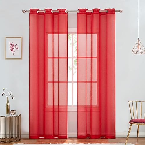 July Joy Cortinas traslúcidas color rojo con aspecto de lino para dormitorio, sala de estar, cortinas de gasa sólida filtrantes de luz, juego de 2