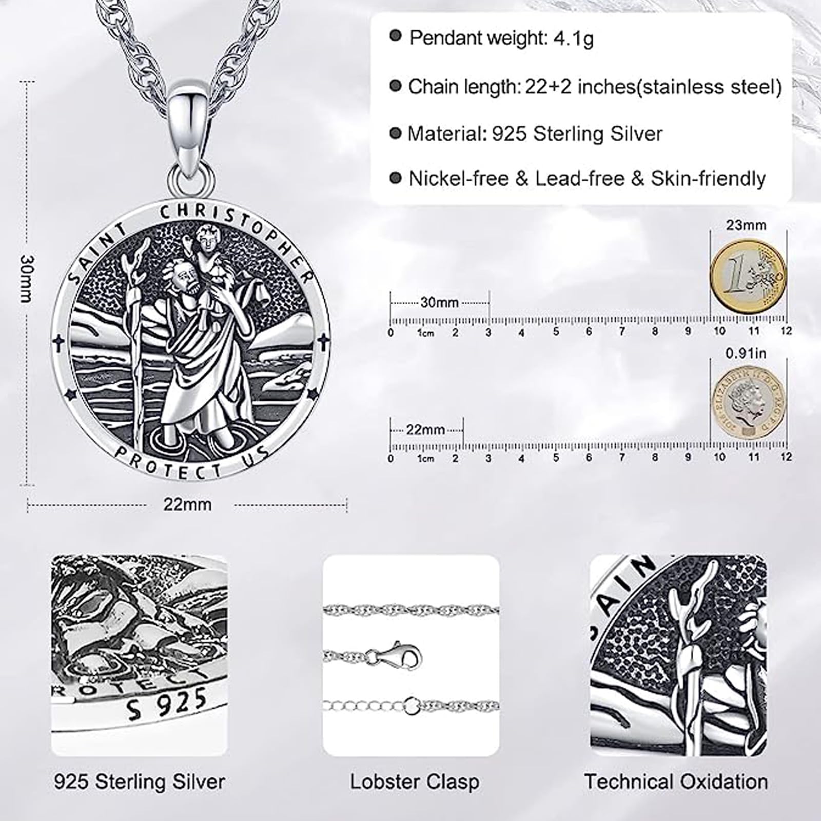 Eusense Collier Archange Michael/St Benoît/Saint Christopher/Vierge Marie/Crucifix Pendentif Catholique Religieux 925 Argent Bijoux Amulette de Protection Médaille Homme Femme