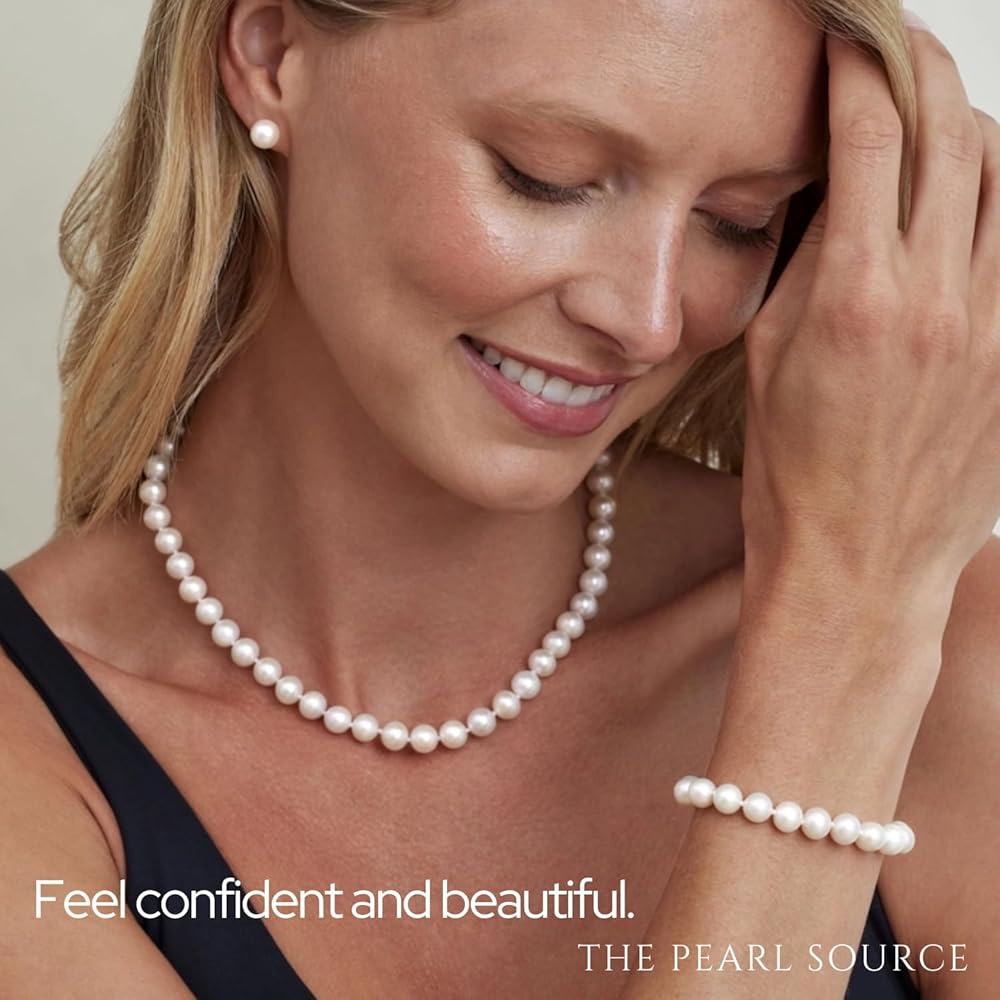 THE PEARL SOURCE 14K Gold 7-8mm AAA Quality White Freshwater Cultured THE PEARL SOURCE 14K Gold 7-8mm Round White Freshwater Cultured