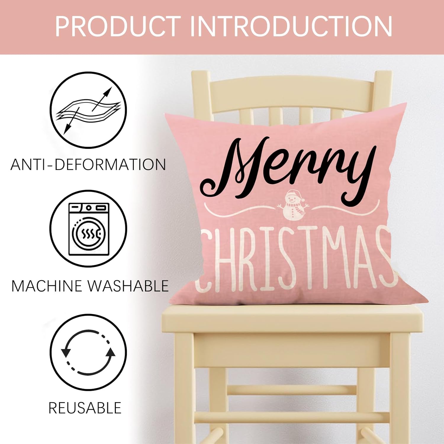 Merry Christmas Pink Decorative Throw Pillow Covers 18 x 18 Set of 4, Xmas Tree Snowflake Joy Bell Buffalo Plaid Porch Outdoor Home Decor, Let It Snow Winter Holiday Sofa Couch Cushion Case - Image 4