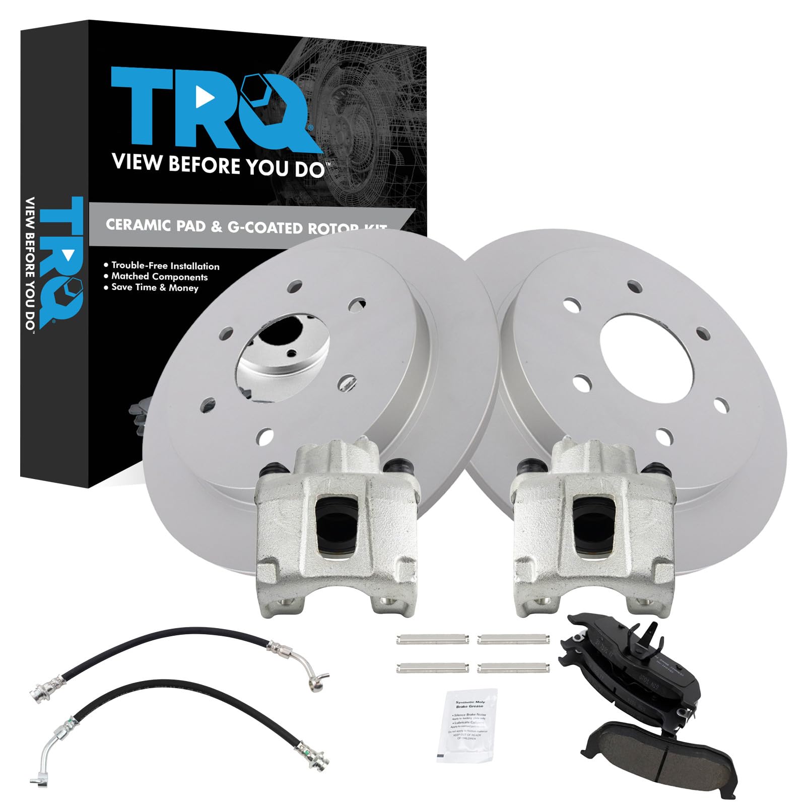 TRQ Rear Brake Pad &amp; Rotor Kit Ceramic Premium G-Coated Compatible with 2004-2010 Infiniti QX56 2005-2015 Nissan Armada 2004 Pathfinder Armada