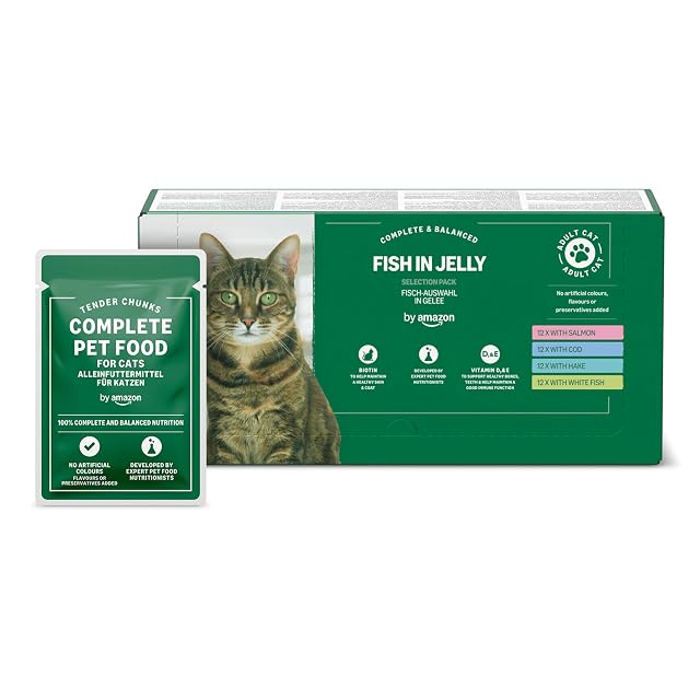 by Amazon - Alimento Completo sin Cereales para Gatos Adultos, selección de Pescado en gelatina, 4,8 kg (48…