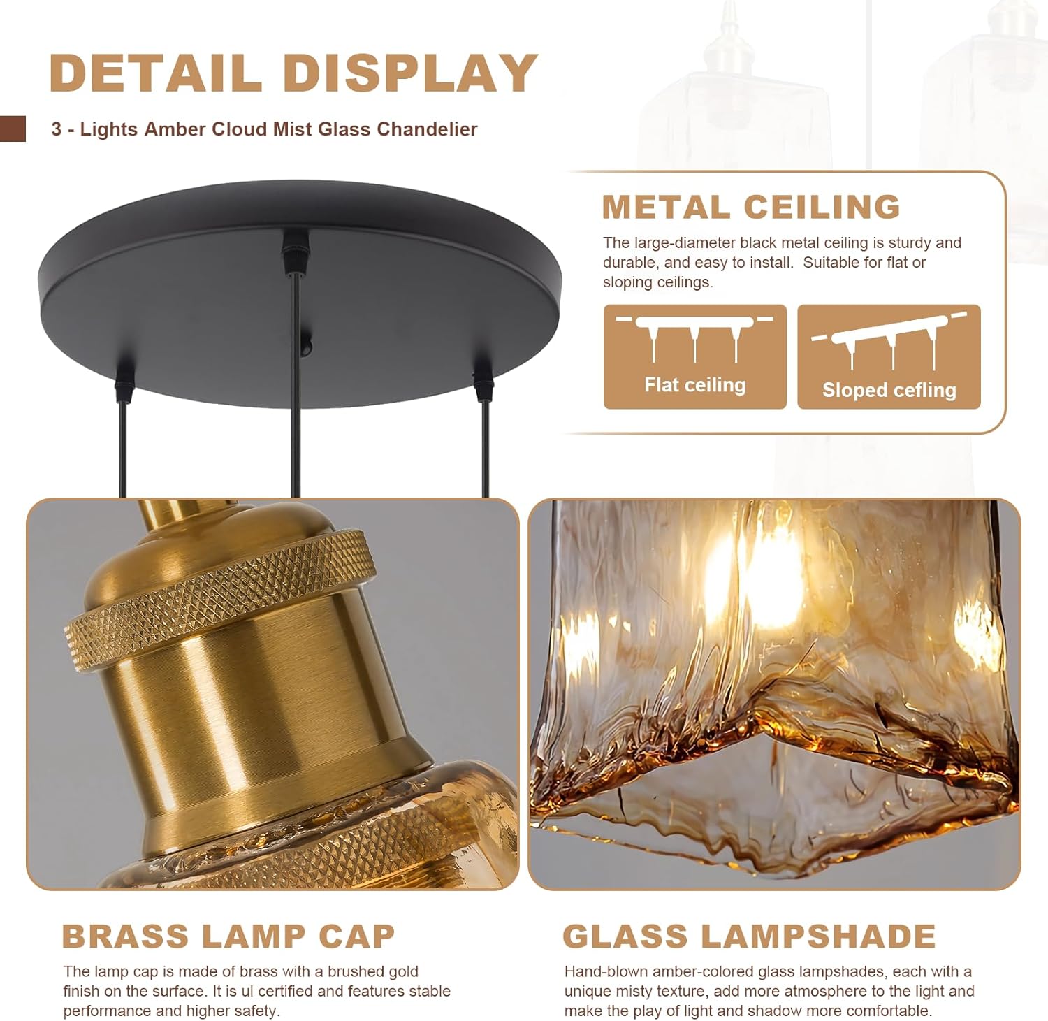 Vintage Over Table Chandelier 3-Light Cluster Pendant Lighting Amber Glass Hanging Pendant Light Black Mid Century Chandelier for Farmhouse Kitchen Island Dining Room, Easy to Install